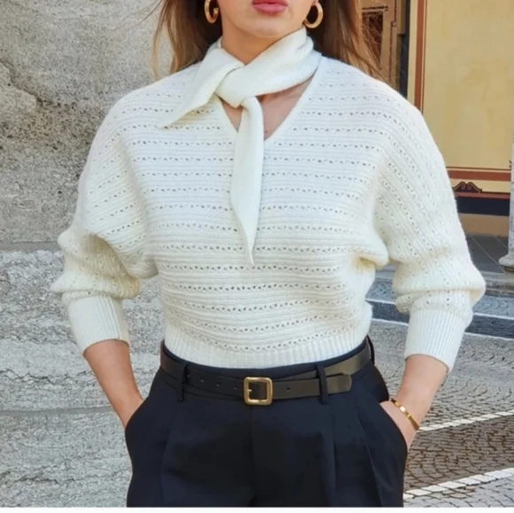 Zara Elegant Ecru Sweater with Scarf, Sz S - Picture 3 of 5